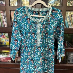 Talbots Teal and Coral Floral Blouse